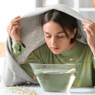 Jeune femme se préparant pour une inhalation d'huile essentielle. Un bol rempli d'eau est devant elle, elle se prépare à se couvrir avec une serviette pour respirer la vapeur