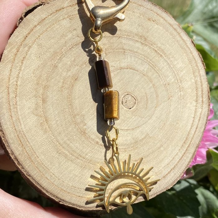 Porte-clé en œil de tigre avec une breloque œil protecteur doré, fait main
