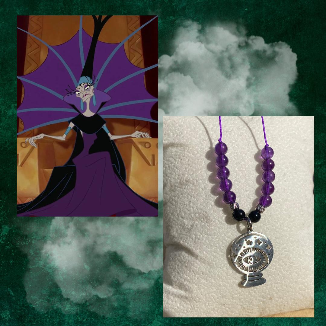 Bracelet Yzma en améthyste et onyx noir avec breloque boule de cristal magique argentée, bijou original en pierres naturelles fait main Les Merveilles by Pauline. Collection inspiré par les Méchants Disney.