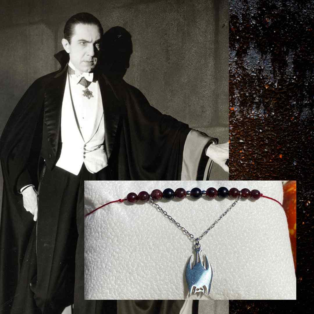 Bracelet Halloween inspiré du mythique Dracula, création artisanale en grenat et obsidienne noire, bijou en pierres naturelles aux reflets sombres et envoûtants.