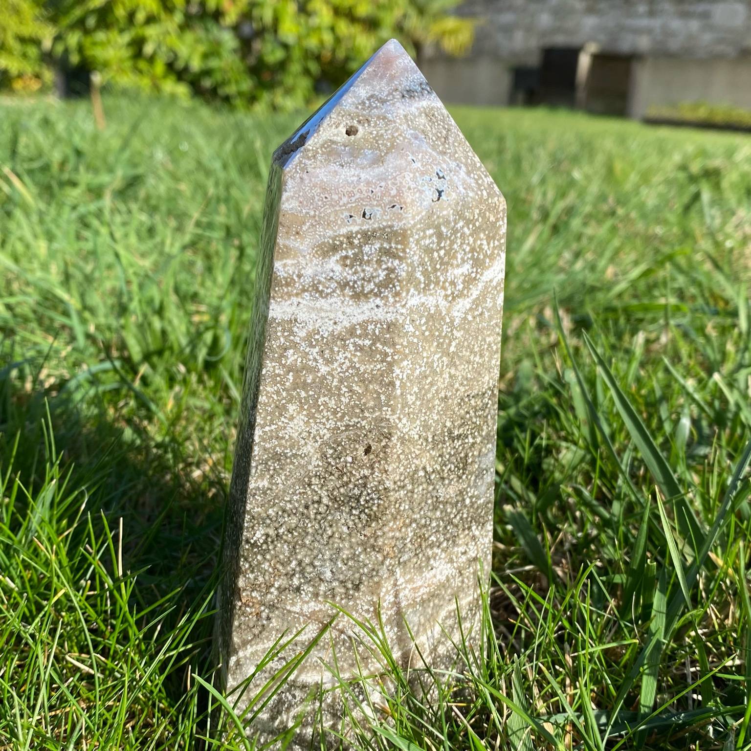 Pointe de jaspe orbiculaire gris argenté, pierre rare du Madagascar aux motifs hypnotiques et élégants.