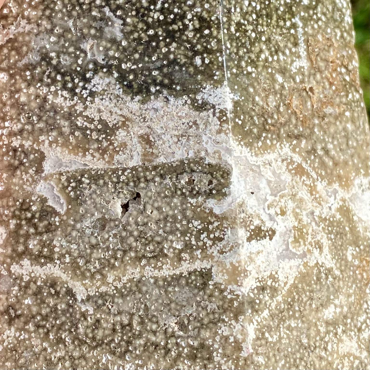 Pointe de jaspe orbiculaire gris argenté, pierre rare du Madagascar aux motifs hypnotiques et élégants.