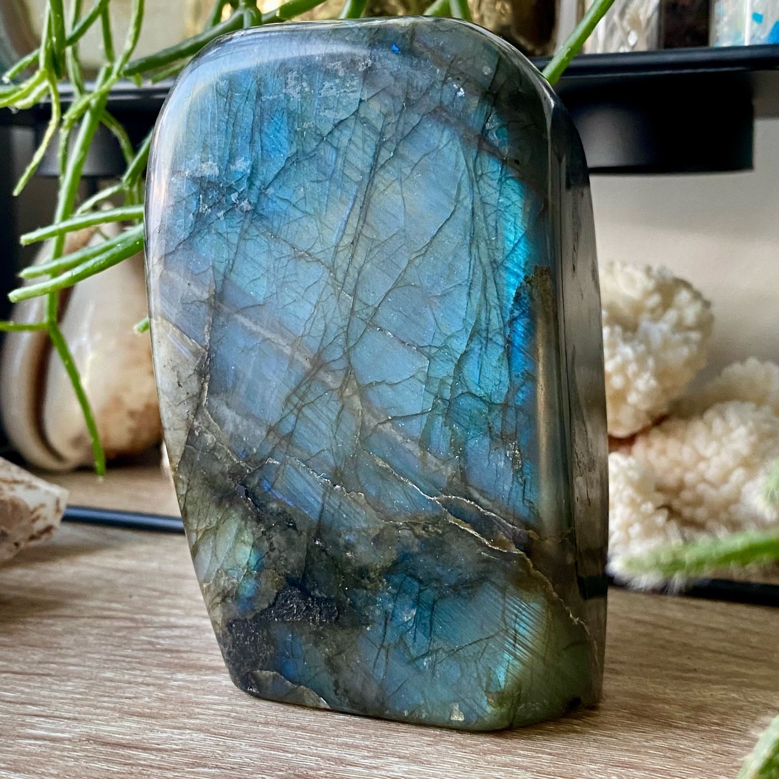 Détail labradorite reflets bleus pierre naturelle